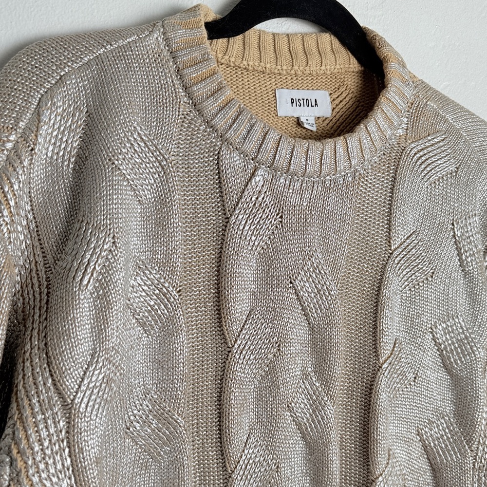 Pistola Everly Metallic Gold Foil Cable Knit Sweater Crewneck Size S - Picture 7 of 10
